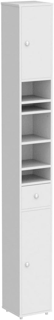 SoBuy Narrow Bathroom Storage Cabinet, 7.8 x 7.8 x 70.8 in, White | Anti-Tipping Narrow Freestanding Bathroom Cabinet With Adjustable Shelves, Slim Storage For Tight Bathroom Corners, BZR34-W