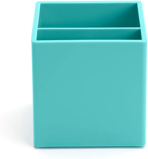 Poppin Pen Holder with 2 Compartments - Sturdy Plastic Pen Cup, Lacquer-like Finish, Writing Instrument Organizer, Coordinating Office Desk Accessories (Aqua)