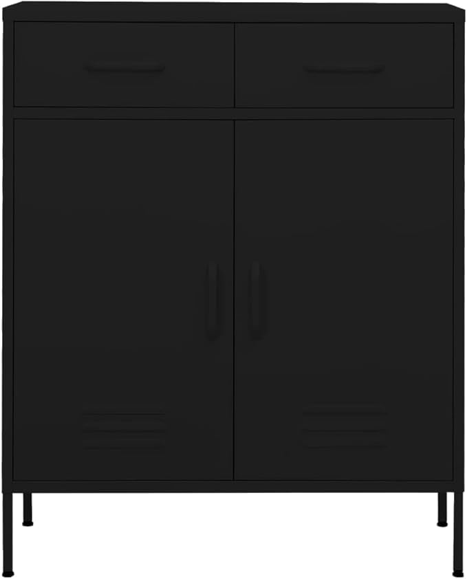 Black Steel Storage Cabinet with Medium Height-Adjustable Shelves, Modern Design for Living Room and Office Organization, Durable Metal Furniture with Wall Mounting Kit