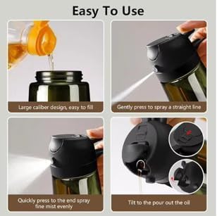 16oz Glass Olive Oil Sprayer for Cooking, 2 in 1 Oil Dispenser, Food Grade Premium Spray Bottle with Portion Control for Salad, Frying, BBQ (Black)