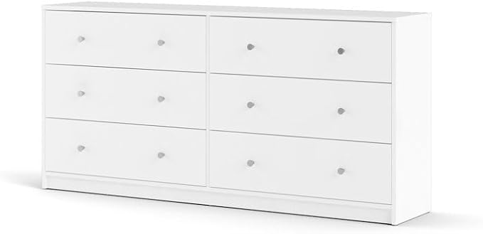 Furnifact White 6 Drawer Double Dresser – Modern Bedroom Storage Organizer with Pewter Knobs, Smooth Glide Drawers, Scandinavian Style, Engineered Wood