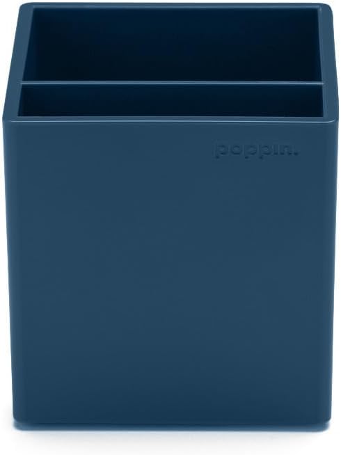 Poppin Pen Holder with 2 Compartments - Sturdy Plastic Pen Holder for Desk, Lacquer-like Finish, Writing Instrument Desk Organizer, Coordinating Office Desk Accessories (Slate Blue)