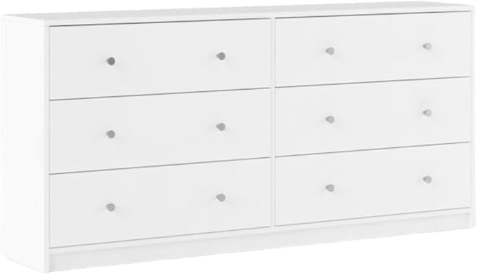 Furnifact White 6 Drawer Double Dresser – Modern Bedroom Storage Organizer with Pewter Knobs, Smooth Glide Drawers, Scandinavian Style, Engineered Wood