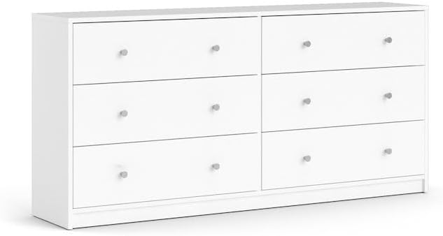 Furnifact White 6 Drawer Double Dresser – Modern Bedroom Storage Organizer with Pewter Knobs, Smooth Glide Drawers, Scandinavian Style, Engineered Wood