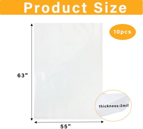 Giant Clear Plastic Bags 55 x 63 Inch Large Storage Bags for Garage, Furniture, Luggage, Home Appliances, Kids Toys, Equipments, Industry or Agriculture Use and More (10 pack)