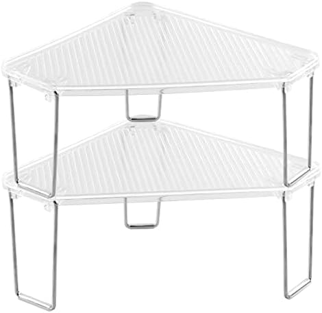 mDesign Plastic/Steel Freestanding Foldable Corner Stackable Organizer Shelf for Kitchen, Counter, Pantry, Cabinet Storage, Holds Plates, Dishes, Ligne Collection, 2 Pack - Clear