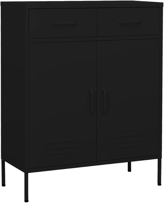 Black Steel Storage Cabinet with Medium Height-Adjustable Shelves, Modern Design for Living Room and Office Organization, Durable Metal Furniture with Wall Mounting Kit