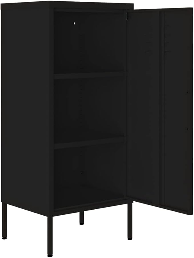 Modern Steel Storage Cabinet with Adjustable Shelves, Spacious Matte Black Design for Living Room or Bedroom Organization, Durable Metal Build for Multimedia and Books