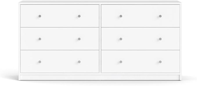 Furnifact White 6 Drawer Double Dresser – Modern Bedroom Storage Organizer with Pewter Knobs, Smooth Glide Drawers, Scandinavian Style, Engineered Wood
