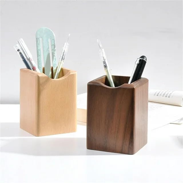 Wooden Pen Holder for Desk, 2 Pack Natural Wood Pencil Cup Holder – Office Desk Accessories Organizer, Makeup Brush Holder, Kids Crayon Marker Caddy, Eco-Friendly (2 Pack - 1 Beech + 1 Walnut))