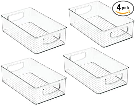 mDesign Small Plastic Storage Organizer Container Bin, Closet Organization for Hallway, Bedroom, Linen, Coat, Entryway - Holds Clothing, Blankets, Accessories, Toys - Ligne Collection, 4 Pack, Clear