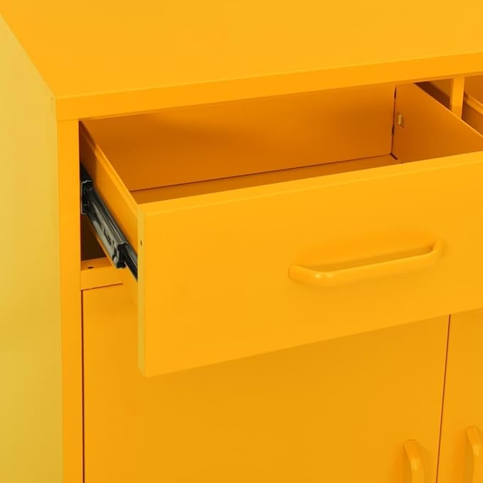Mustard Yellow Steel Storage Cabinet with Adjustable Shelves and Feet, Large Capacity for Books and Multimedia, Durable Construction with Wall Attachment for Enhanced
