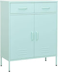 Mint Green Steel Storage Cabinet with Adjustable Shelves, 2 Drawers and Open Shelf for Office Living Room Organization, Durable Metal Structure and Versatile Modern Furniture