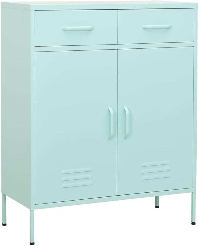 Mint Green Steel Storage Cabinet with Adjustable Shelves, 2 Drawers and Open Shelf for Office Living Room Organization, Durable Metal Structure and Versatile Modern Furniture