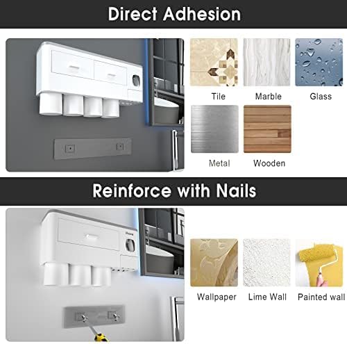 iHave Toothbrush Holders Wall Mounted with Toothpaste Dispenser & 4 Cups | All-in-One Bathroom Organizer: 4 Cups, 7 Slots, Toothpaste Dispenser, Large Tray & Drawer. Wall Mount, No Drilling Required