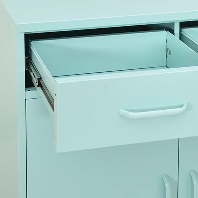 Mint Green Steel Storage Cabinet with Adjustable Shelves, 2 Drawers and Open Shelf for Office Living Room Organization, Durable Metal Structure and Versatile Modern Furniture