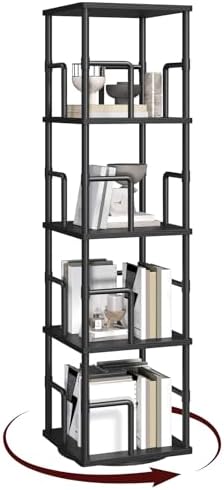 MAHANCRIS 4-Tier Rotating Bookshelf, Freestanding Corner Bookshelf, 360° Spinning Bookcase, Industrial Style Storage Rack with Rails, for Living Room, Bedroom, Study, Black BKBK1501
