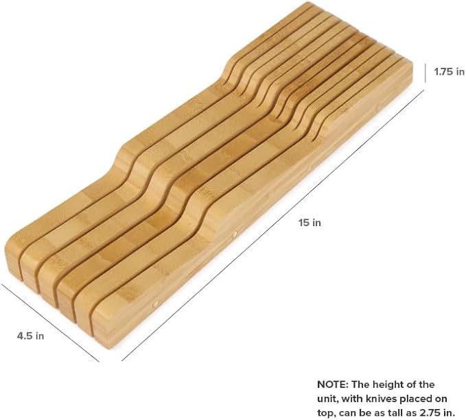 KitchenEdge In-Drawer Knife Block Holder, 11 Slots, Bamboo | Fits most knife sizes, rubber feet, food-safe finish