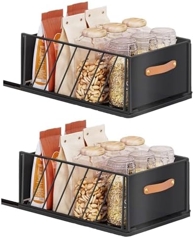2 Pack Carbon Steel Slide Out Cabinet Organizer, Heavy Duty Pull Out Pantry Shelves, Foldable Mesh Storage Baskets for Kitchen, Bathroom, Home, Closet