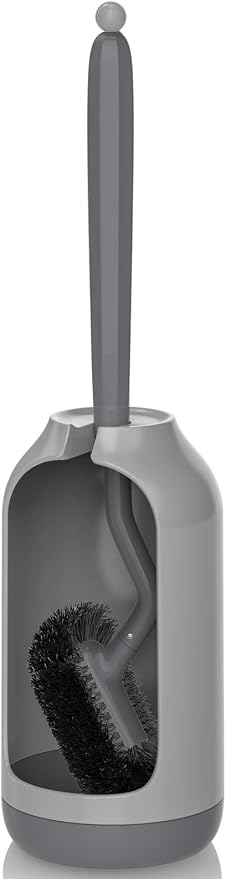 HAMITOR Toilet Bowl Brush Holder Set: Bathroom Deep Cleaning Toilet Cleaner Scrubber Under Rim with Curved Bristle for Dead Corner Clean - Hidden Rv Toilet Decorative Accessories with Caddy- Gray