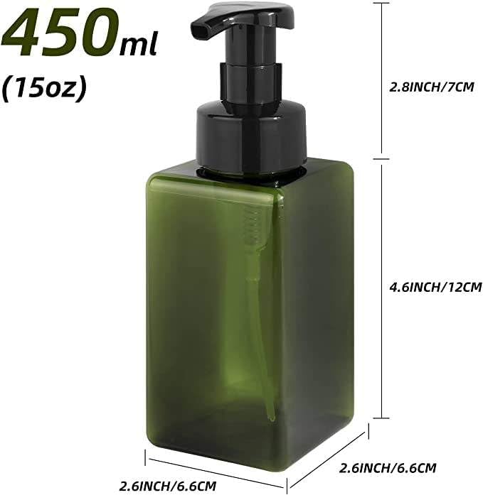 2Pcs Foaming Soap Dispenser, 450ml(16oz) Refillable Modern Square Pump Bottle for Shampoo, Body Wash, Liquid Soap, PETG Plastic Empty Soap Dispenser for Kitchen, Bathroom, Hospital (Green)