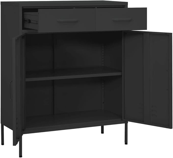 Anthracite Steel Storage Cabinet with 2 Doors and 2 Drawers, Adjustable Shelf and Levelers for Stability, Modern Industrial Furniture for Home Office Organization