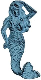 Rustic Dark Blue Whitewashed Cast Iron Mermaid Hook 6" - Nautical Home Decorati