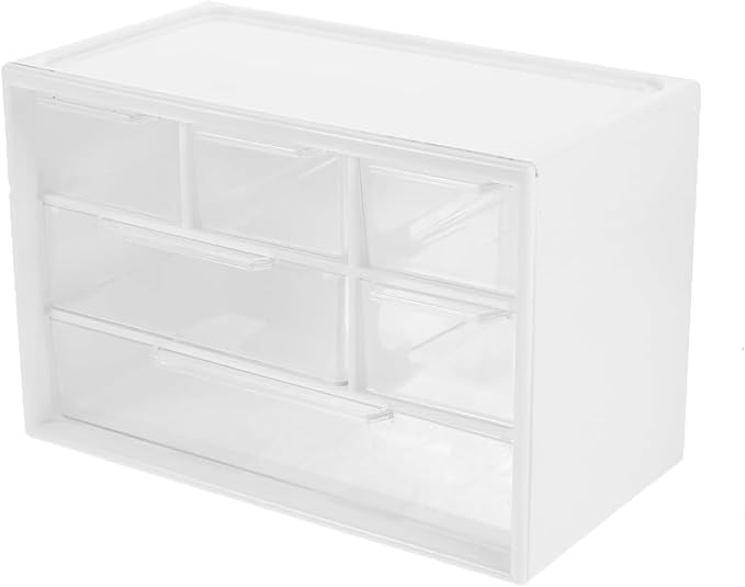 Small Drawer Organizer for Desk, 7.1" x 3. 8" x 4.6" Mini Desktop Drawer Organizer with 6 Clear Drawers, Plastic Desktop Craft Storage Box for Desk Office School Home (White)