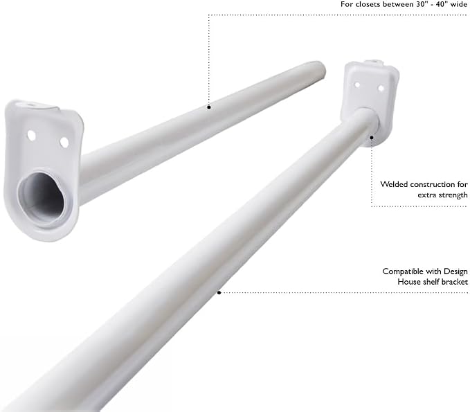Adjustable Closet Rod, Steel 30 Inch to 48 Inch, 30 Pound Capacity, White – Design House, 205823