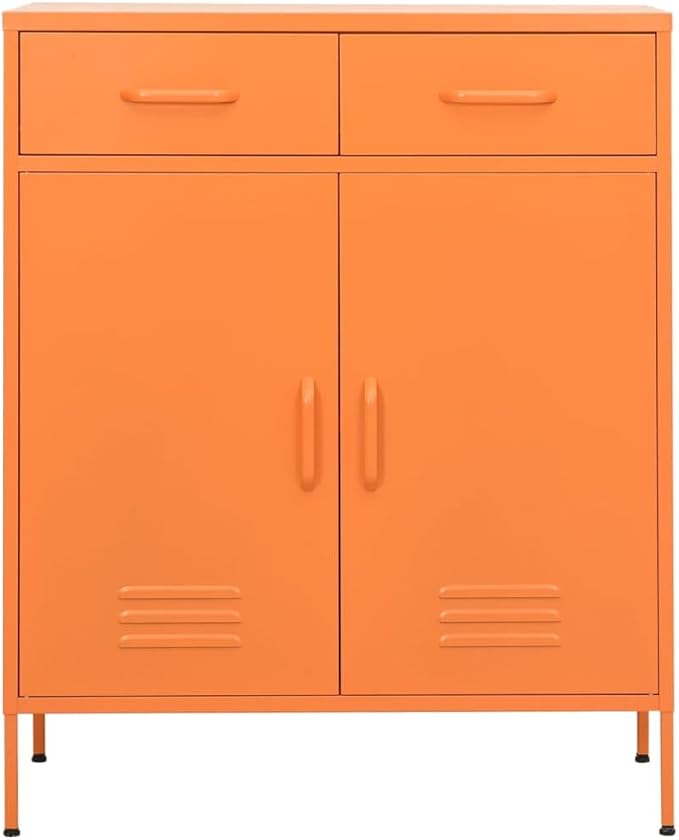 Modern Steel Storage Cabinet with Fully Extendable Drawers and Adjustable Shelves in Bright Orange Finish for Living Area or Office Organization