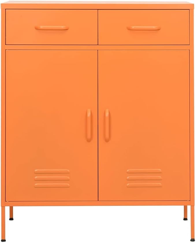 Modern Steel Storage Cabinet with 2 Drawers and Adjustable Shelves, Bright Orange Finish for Contemporary Living Room or Office Organization, Smooth Ball-Bearing Slides