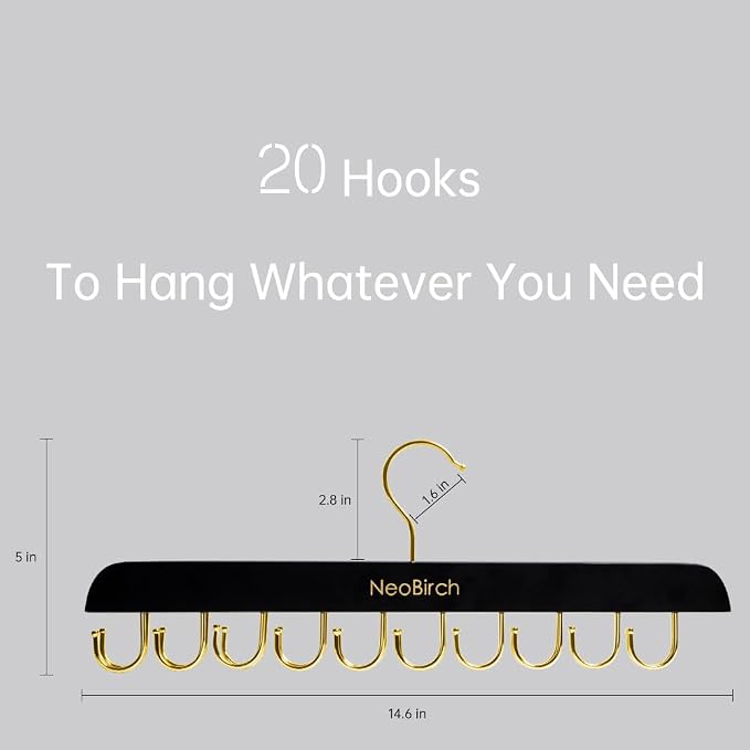 Bra Hanger for Closet Organizers and Storage | Space Saving Wooden Hanger | 20 Steel Hooks for Tank Tops, Camis, Hats, Lingeries, Belts, Ties, Scarfs Holder| 360° Rotating Non-Slip (1, 2 Pack Black)
