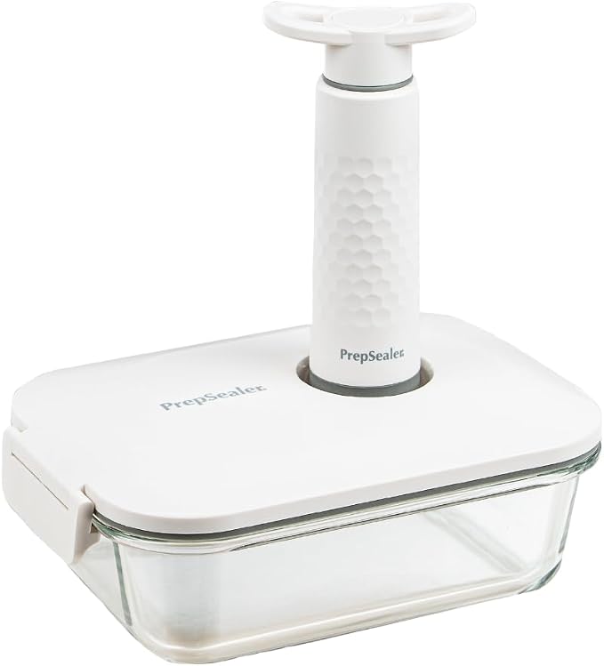 PrepSealer Food-Saving Glass Vacuum Container with manual hand pump. Everyday keep food fresh, Meal Prep, Marinade, Borosilicate Glass (PS-GVC-1L-Wh).