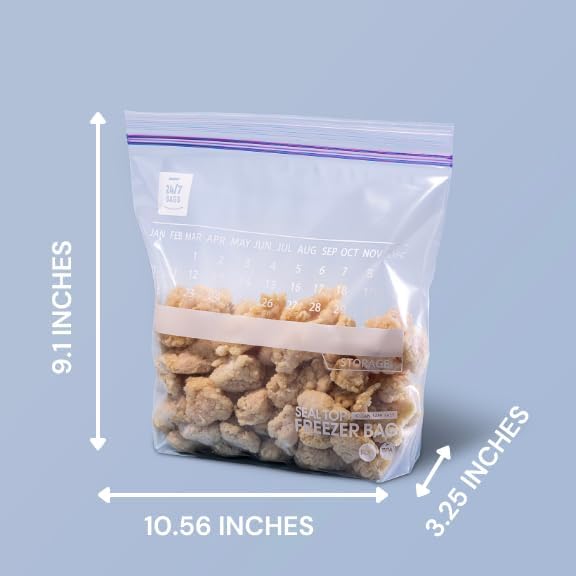 24/7 Bags- Gallon Freezer Bags, 120 Count with Stand Up Bottom and New Calendar Feature, Easy Fill