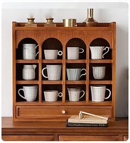 Closet Organizers and Storage 3 Tier Coffee Mug Cabinet Organizer with Drawer Wooden Cupboard Water Cup Storage for Countertop,Holds 12 Mugs-Kitchen Storage Cabinet Convenient,Neat and Beauti