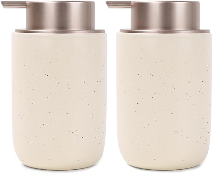 BosilunLife Apricot Soap Dispenser Set - 2 Pack 12oz Ceramic Dish Soap Dispenser with Rust Proof Pump for Kitchen, Hand Soap and Lotion Set Suitable for Farmhouse Bathroom Decor with Waterproof Labels
