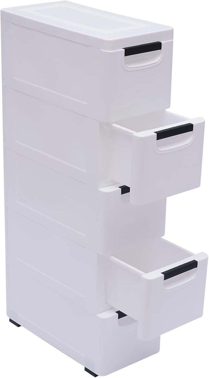Plastic Storage Cabinet Stackable Storage Cart 5 Drawer Containers Storage Organizer Unit Mobile Stacking Bins [White 7.9"x15.7"x33.1"]