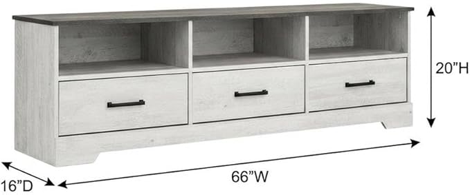 Furnifact Washed White Farmhouse TV Stand with Storage Cabinet and Shelves, Laminate Engineered Wood Entertainment Center with Rustic Design for Living Room