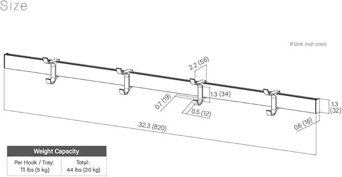 Modern Aluminum Wallmount Organizer, 32.3" Rail with Adjustable 4 Hooks, Wall Rail (Ivory) (Black, 32.3" Rail with 4 Hooks)