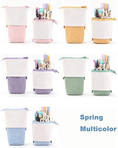 Telescopic Pencil Bag Pen Holder Stationery Case, PU Corduroy Stand-up Retractable Transformer Bag Colorful Organizer, Great for Christmas Holiday (Blue)