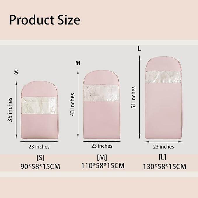 3PCS Space Saving Hanging Garment Bag with Compression Zipper。 | For Closet Storage, Garment Bag for Coats and Down Jackets.(Pink,S+M+L)