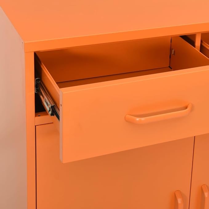 Modern Steel Storage Cabinet with 2 Drawers and Adjustable Shelves, Bright Orange Finish for Contemporary Living Room or Office Organization, Smooth Ball-Bearing Slides