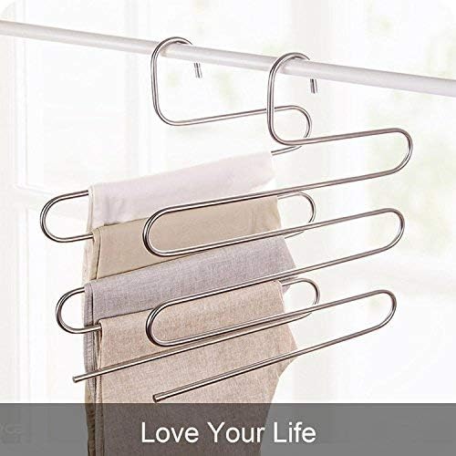 devesanter Pants Hangers Non-Slip S-Shape 4 Pack Trousers Hangers Stainless Steel Clothes Hangers Closet Storage Organizer for Pants Jeans Scarf (4 Pack with 10 Clips)