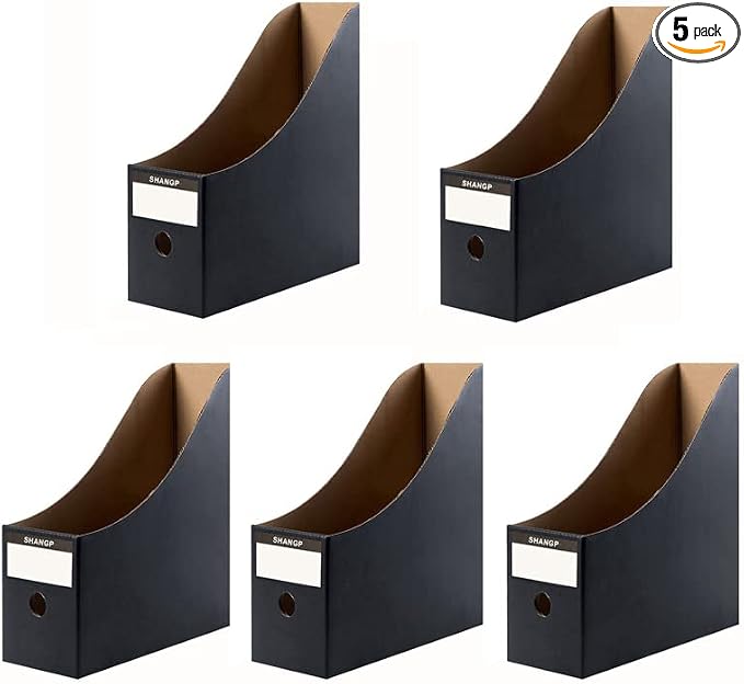 Foldable Desk File Holder Organizer Sturdy Cardboard Magazine Storage Box Document Rack with Blank Label Stickers for Home School Office (5, Matte Black)