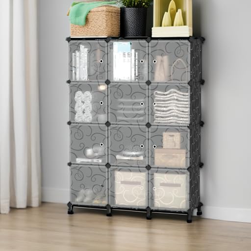 AWTATOS 12 Cube Storage Organizer, Closet Storage Shelves with Doors, Black | Portable Closet Organizers, DIY Stackable Storage Cube Shelf, Plastic Clothes Organizer Shelving for Bedroom, Home Office