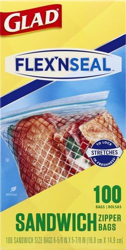 GLAD FLEXN' SEAL Zipper Food Storage Sandwich Bags, On-the-Go Snack and Lunch Bags, Zipper Sandwich Sealer, Microwave Safe, BPA Free, 100 Count (Pack of 1)