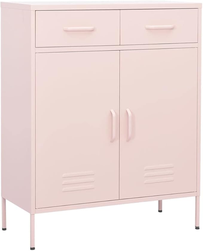 Pink Steel Storage Cabinet with Two Drawers and Adjustable Shelves, Medium Rectangular Organizer for Living Room Bedroom Office, Durable Metal Furniture with Levelers