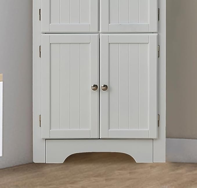Tall Corner Bookcase Storage Cabinet with Doors and 4 Shelves, Freestanding Triangle Cabinet for Living Room, Kitchen, Office, Small Space, Floor Corner Storage Rack (White)