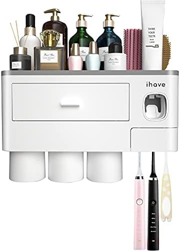iHave Toothbrush Holders Wall Mounted with Toothpaste Dispenser & 3 Cups | All-in-One Bathroom Organizer: 3 Cups, 6 Slots, Toothpaste Dispenser, Large Tray & Drawer. Wall Mount, No Drilling Required