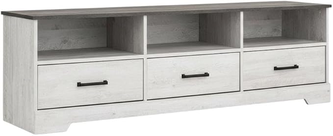 Furnifact Washed White Farmhouse TV Stand with Storage Cabinet and Shelves, Laminate Engineered Wood Entertainment Center with Rustic Design for Living Room
